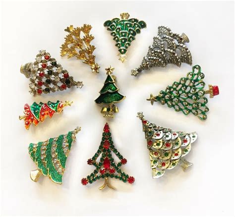 10 Vintage Retro Christmas Tree Pin Brooch Lot Rhinestones 2 Signed