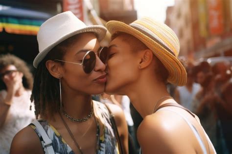 Una Pareja De Lesbianas Interraciales Besándose En La Calle Para Celebrar El Día Del Orgullo