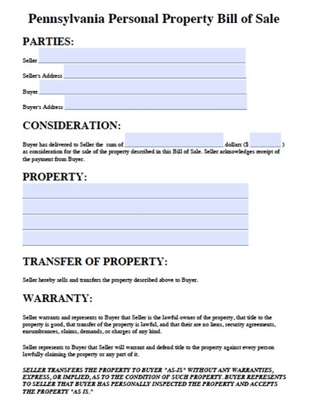 Free Printable Bill Of Sale For Personal Property