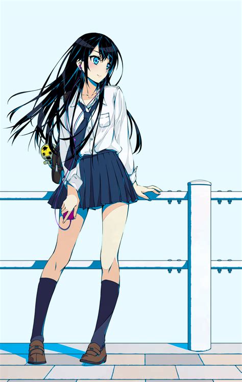 Murakami Suigun Original Highres 1girl Black Hair Blue Eyes Blush Digital Media Player