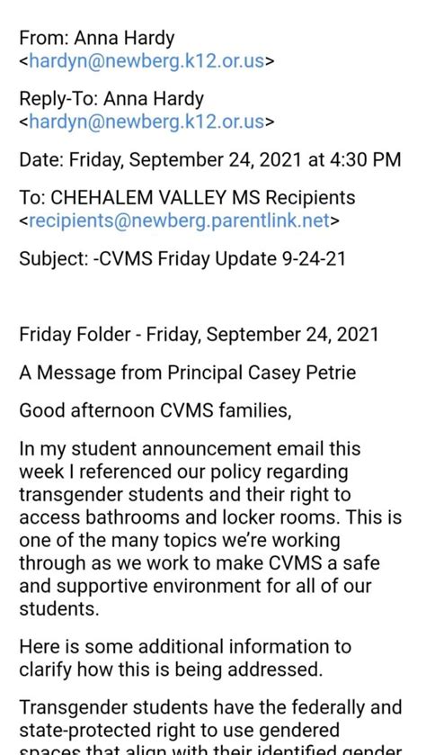 Concerned Newberg Parent Emails Chehalem Valley Middle School Principal