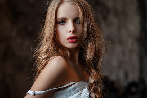 Women Brunette Long Hair Face Blue Eyes Red Lipstick Vlad Popov White Clothing Bokeh