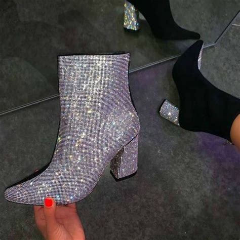 Buy Luxury Silver Rhinestone Heeled Ankle Boots Silver