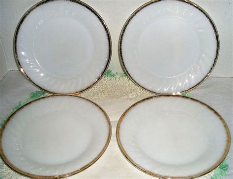 Vintage Fire King Milk Glass Plates With Gold Trim Set Of 4 Vintage