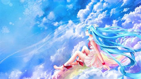 Colorful Anime Anime Girls Vocaloid Hatsune Miku Clouds Sitting