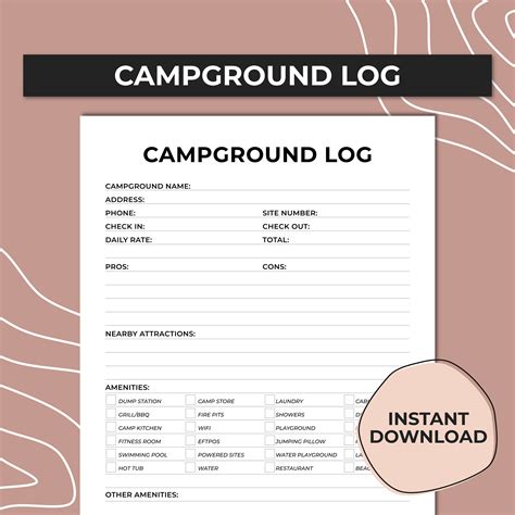 Campground Log Printable Campsite Log Rv Planner Camping Planner