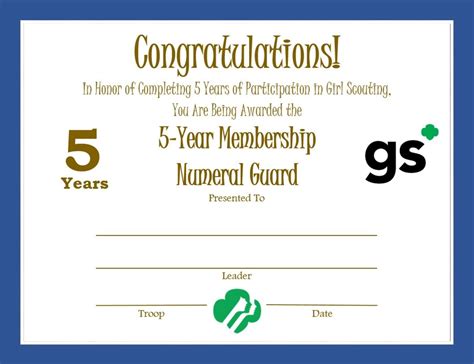 Girl Scout 5 Year Membership Certificate Girl Scout Leader Girl