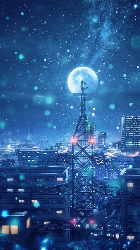 Night Sky Anime Buildings Background Wallpaper Galaxy Nebula Clouds