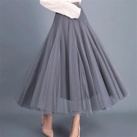 Lolita Style Grey Long Tulle Skirt Female Party Pleated Tutu Skirts