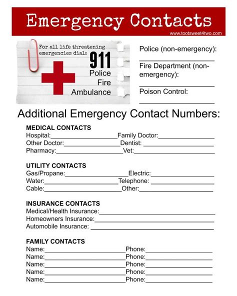 Childs Emergency Contact Form Single Parent Families Printable