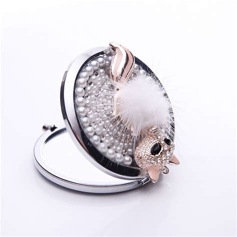 Crystal Mini Beauty Pocket Mirror Fox Fur Double Dual Sides Stainless