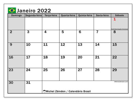 Calendário “brasil Ds” Janeiro De 2022 Para Imprimir Michel Zbinden Pt