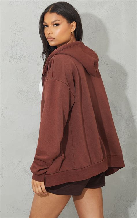 Brown Oversized Washed Zip Up Hoodie Tops Prettylittlething