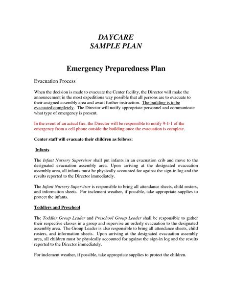 Printable Daycare Emergency Preparedness Plan Template Printable