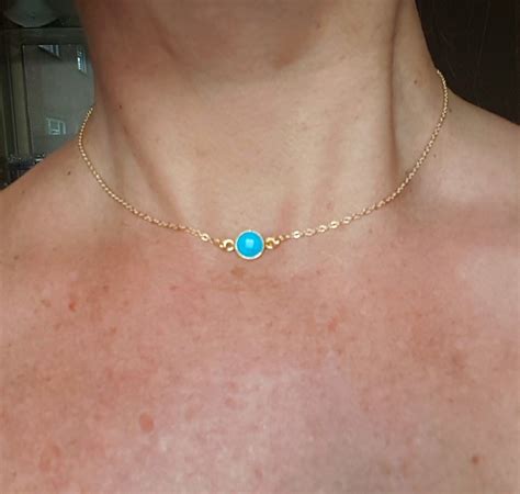 K Gold Fill Tiny Turquoise Choker Necklace Small Blue Gemstone