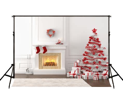 Christmas Backdrop Photo Fireplace Red Sock White Wall Photography