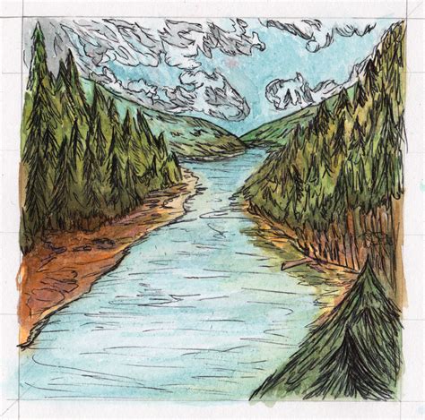 A quick watercolour and pen drawing of a mountain river scene Mountain