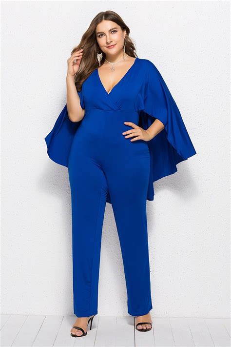Charming Deep V Neck Royal Woman Clothing Plus Size Party Evening Jumpsuit With Cape Shirred