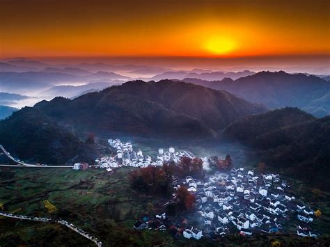 China Countryside Village Top View Mountains Sunset 640x960 Iphone