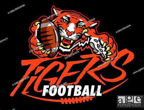Tigers Football Team Design With Mascot Holding Ball In Paw For School