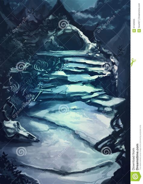 Watercolor Cartoon Illustration Of A Dark Scary Cave Entrance Pa Stock