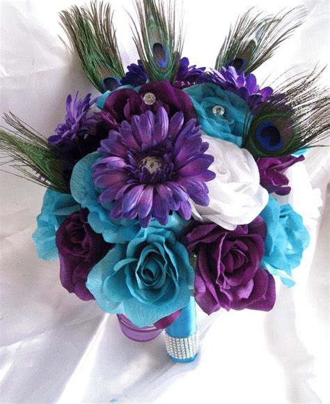 wedding bouquet bridal silk flowers 17 piece package turquoise purple plum peacock feather