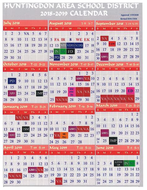 2018 2019 School Calendar Revised 100118 Huntingdon Area School