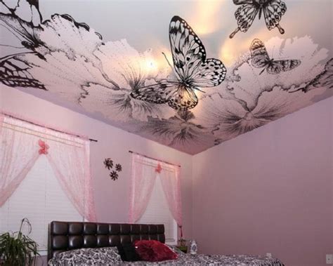 Stunning Female Bedroom Interior With Custom Butterflies Ceiling Wall