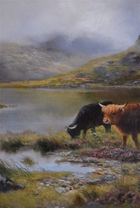 Daniel Sherrin Highland Cattle By A Loch Oil On Canvas Painting For