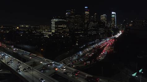 Cinematic Urban Aerial View Of Downtown Los Angeles Freeway Traffic