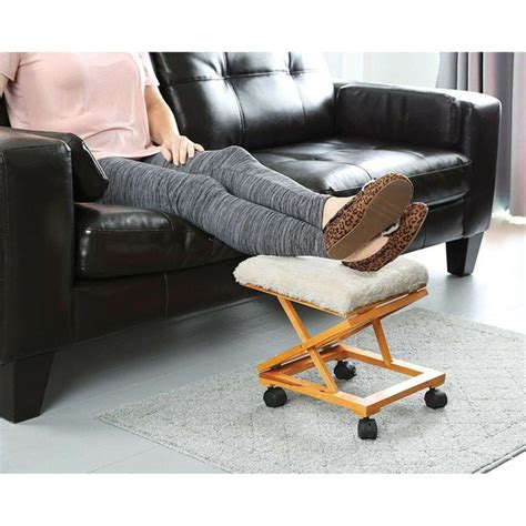 Adjustable Wooden Foot Stool Sherpa Tapestry Foot Rest Tanga