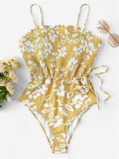 Random Floral Drawstring Shirred One Piece Swimsuit Swimsuits Vintage Swimsuits Cute Bathing