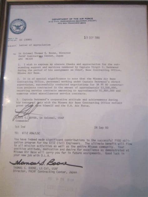 1980 Department Of The Air Force Letter Of Appreciationsigned Framed