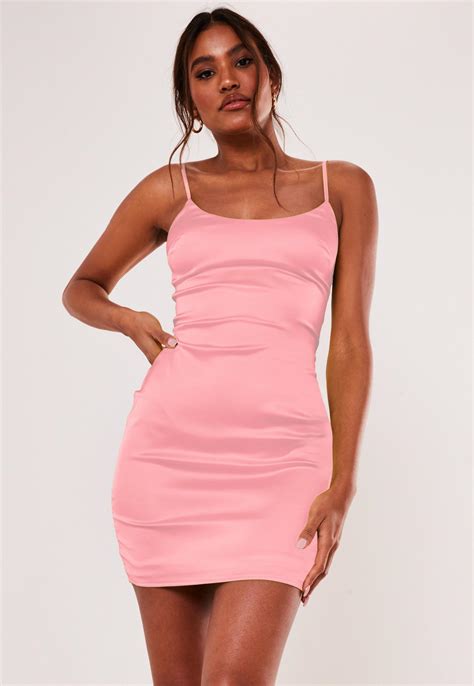 Petite Pink Stretch Satin Bodycon Mini Dress Missguided