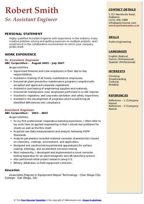 Assistant Engineer Resume Samples Qwikresume