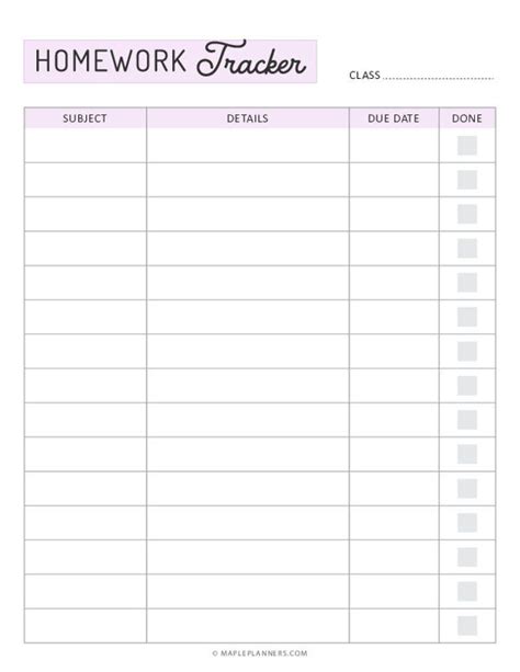 Free Printable Homework Tracker Template Study Planner Printable Free
