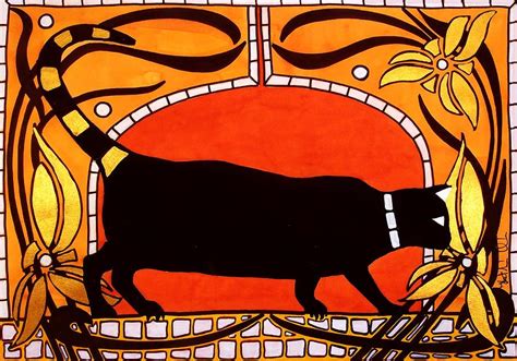 Black Cat With Floral Motif Of Art Nouveau By Dora Hathazi Mendes