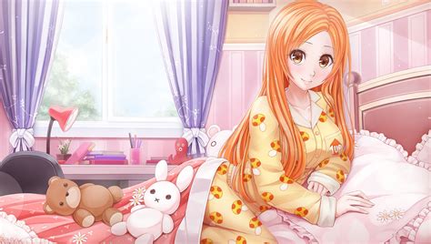 Wallpaper Redhead Long Hair Anime Girls Bed Teddy