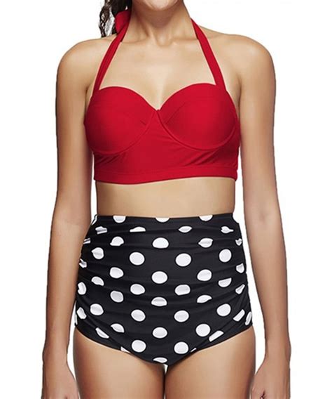 women retro vintage high waisted halter underwired top swimsuit bathing suits bikini red