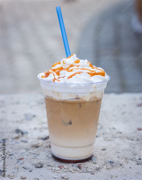 Cold Latte With Whipped Cream And Drinking Straw Iced Latte Decorated