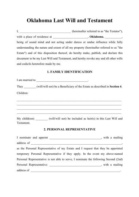 Oklahoma Last Will And Testament Template Download Printable Pdf