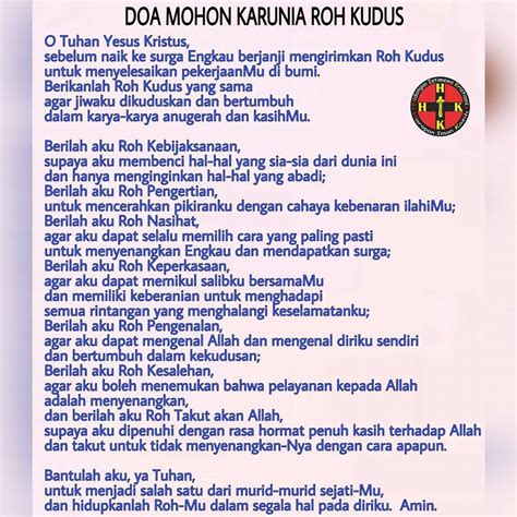 Datanglah, ya roh hikmat, turunlah atas diri kami, ajarlah. HIK - Hidangan Istimewa Kristiani: NOVENA ROH KUDUS