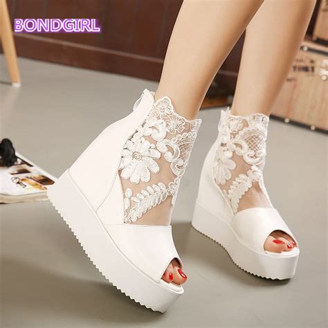 Newest White Silver Sexy Lace Platform Wedge Heels Dress Shoes Wedding