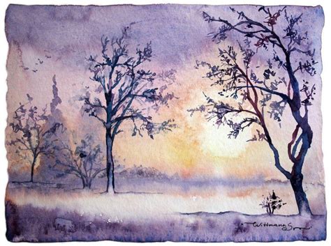 Sunrise In Violet Winter Treescape Aquarelle Artwork Yellow Sun