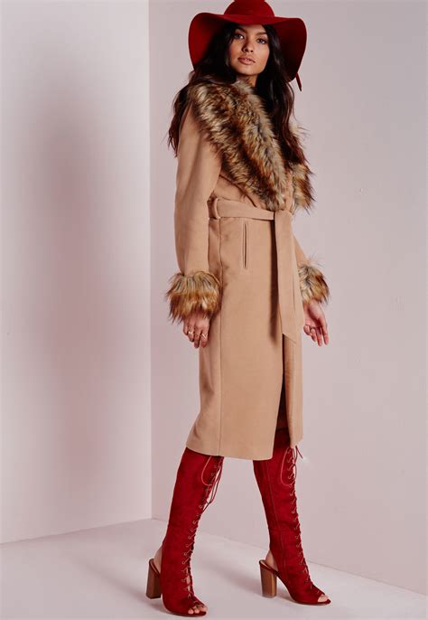 Missguided Faux Fur Collar And Cuff Detail Wool Coat Camel In Natural Lyst