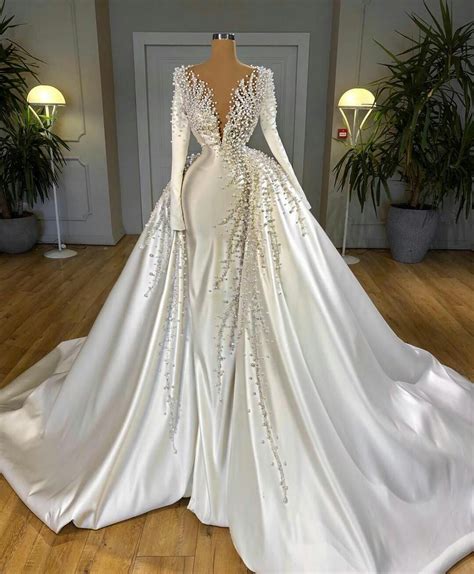 Gorgeous Satin Pearls Mermaid Wedding Dresses With Detachable Train Long Sleeves Dubai