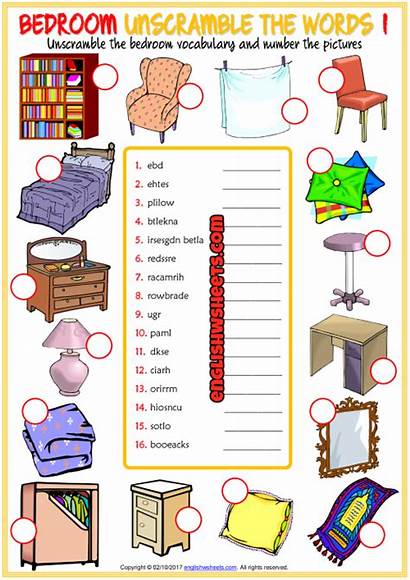 Bedroom Words Unscramble Worksheets Esl Vocabulary Objects