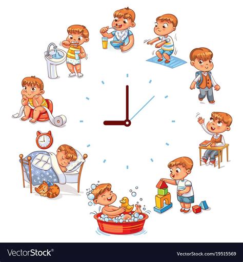 Daily Routine With Simple Watches Vector Set With Baby Boy Funny