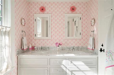 Kid Bathroom With Pink Wallpaper Transitional Bathroom