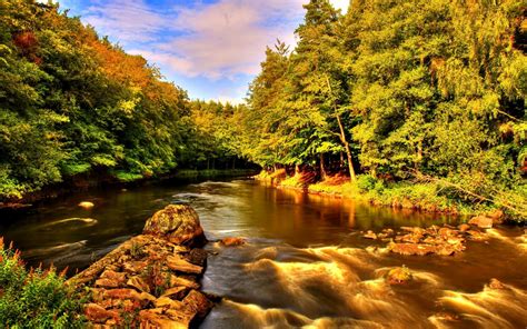 Beautiful Nature Summer River Creek Shore Trees Rocks Forest Sky Clouds